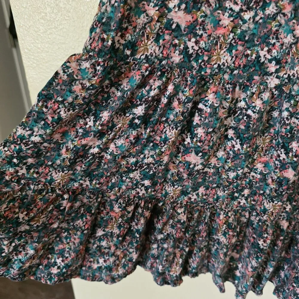 Nine West Floral Tiered Mini Dress Sleeveless V-Neck Pink Teal Black Women's Lrg
